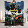 A large poster featuring monster truck artwork with a title and various trucks against a dark background.