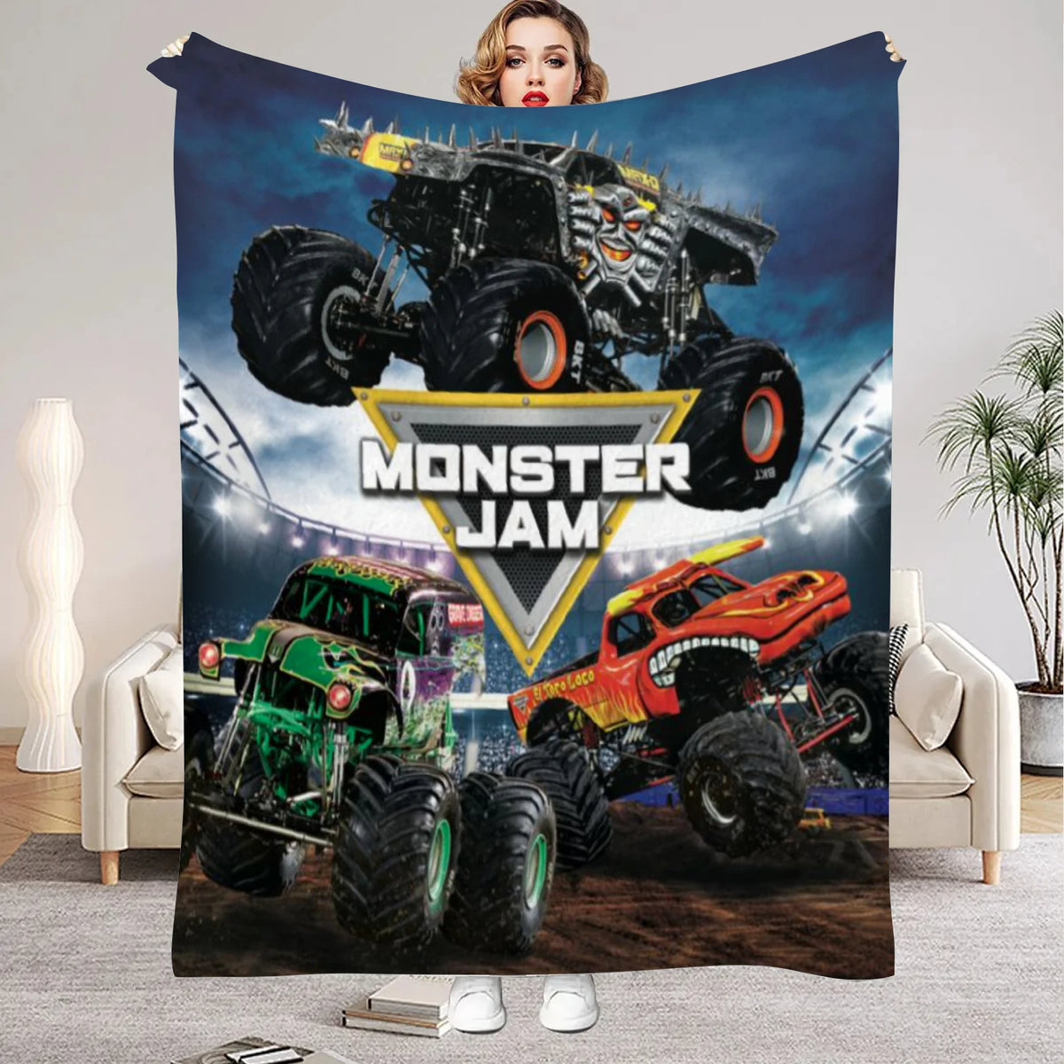 A large poster featuring monster truck artwork with a title and various trucks against a dark background.