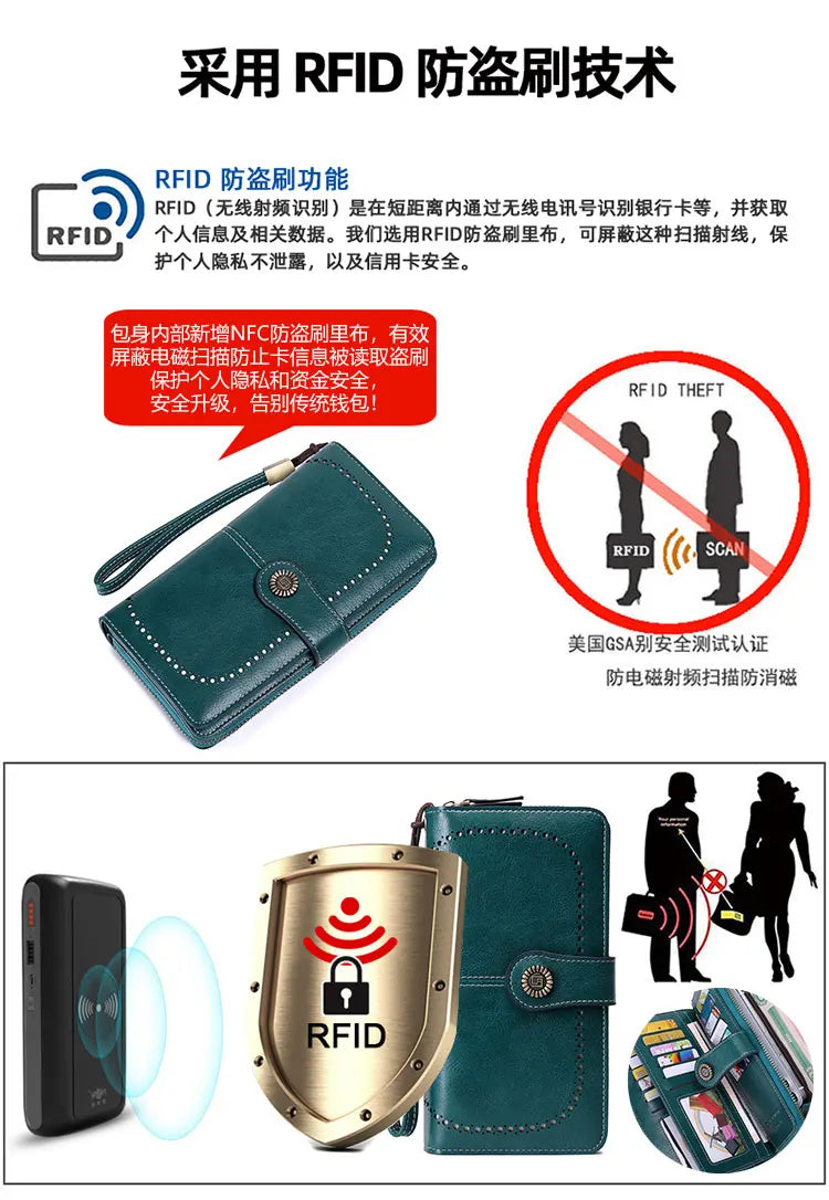 Vintage RFID-Blocking Large Capacity Wallet with Wrist Strap