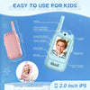 A pink and light blue kids video walkie talkie with an antenna, camera, and microphone features.
