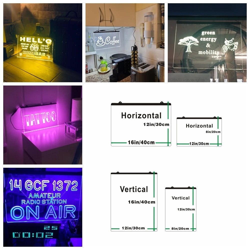 A collection of retro racing LED neon signs and illuminated displays for home or office use.