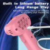 A pink glow-in-the-dark string launcher toy with a USB charging cable is shown against a dark blue background.