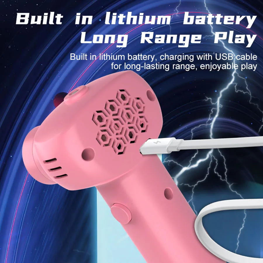 A pink glow-in-the-dark string launcher toy with a USB charging cable is shown against a dark blue background.
