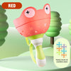 A red pull-string flying saucer toy frog with a green base and various colored plastic shapes.