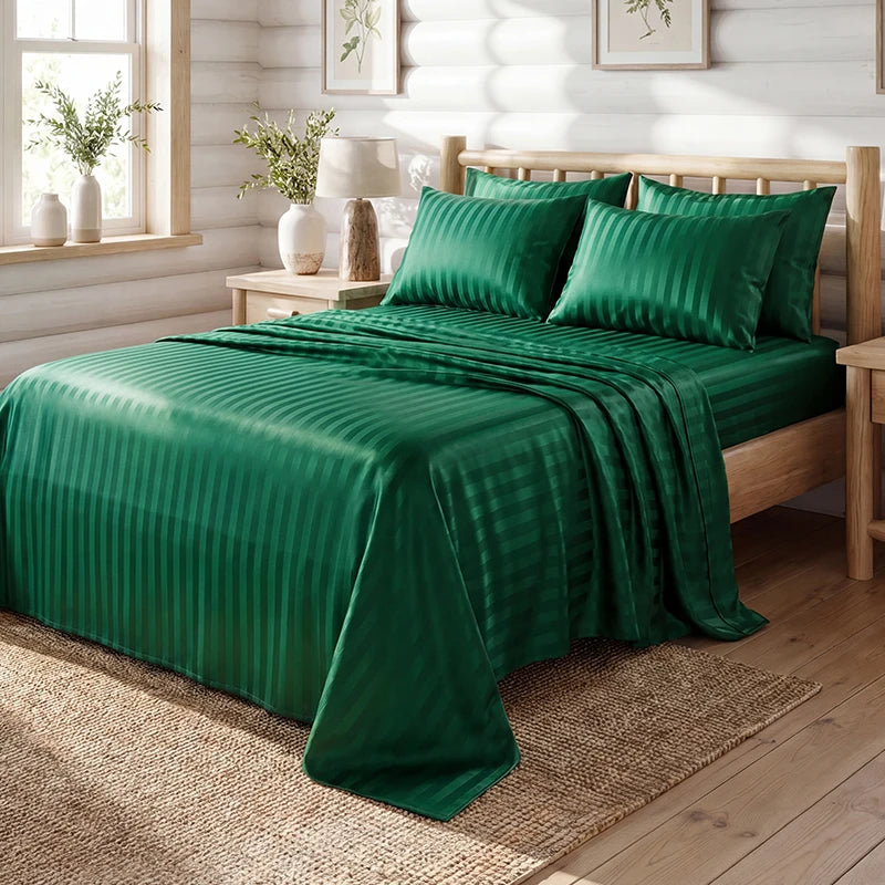 A dark emerald green striped satin bed sheet set with matching pillows on a wooden bed.