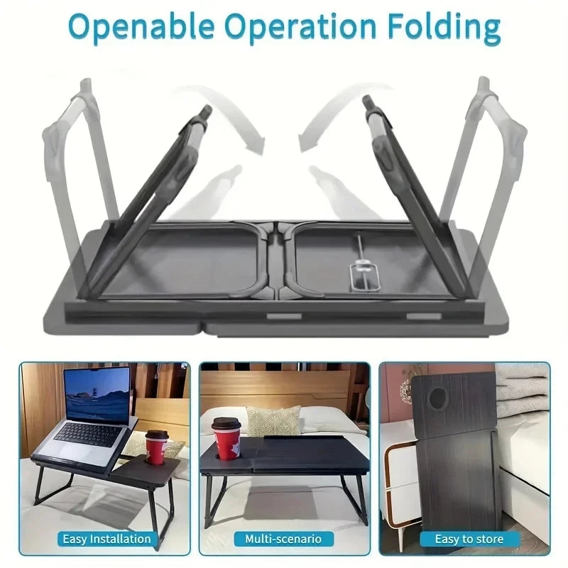 Escritorio portátil plegable mostrado en tres configuraciones: operación abierta, configuración multiescenario y almacenamien