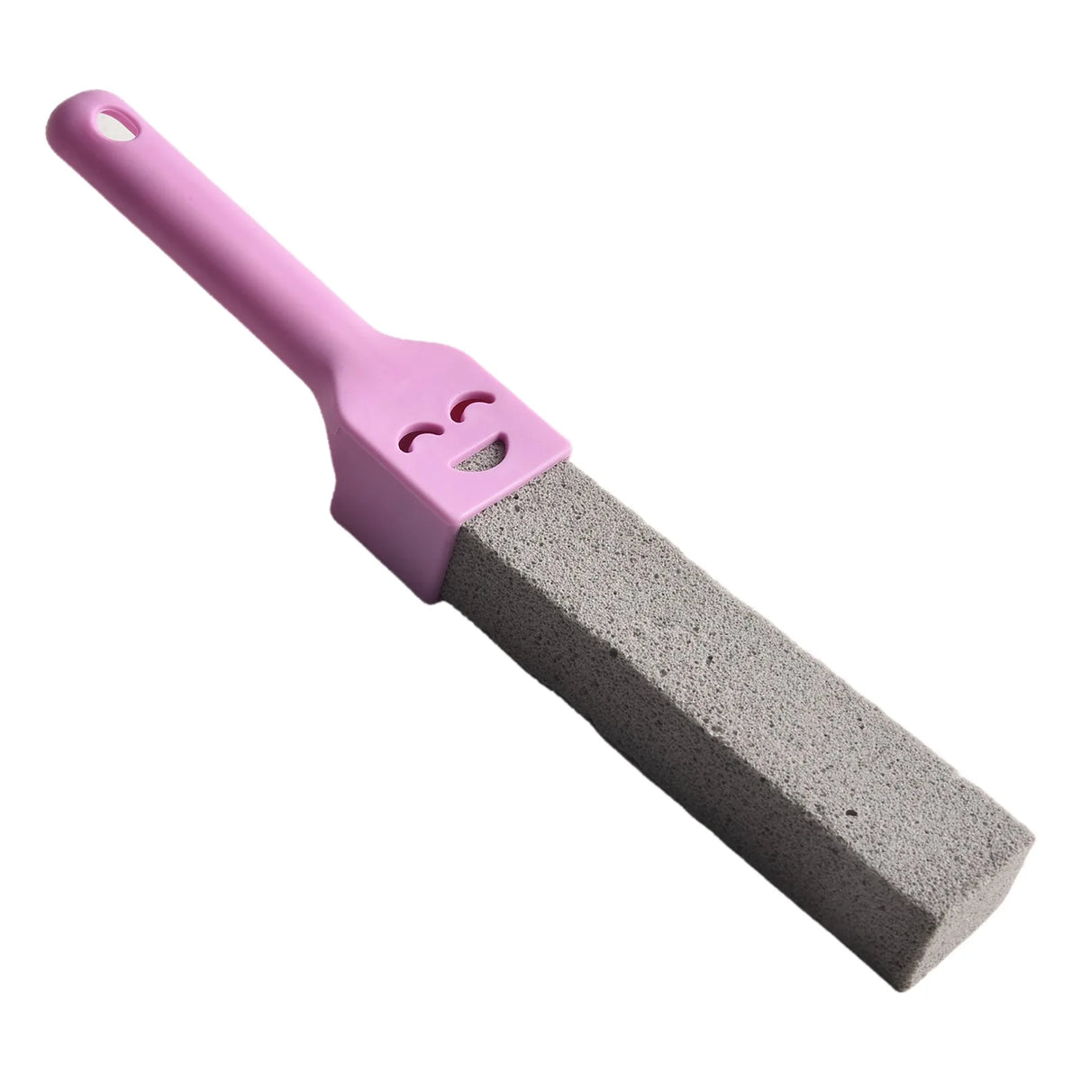 A pink pumice stone toilet and bathroom cleaning brush with a handle.