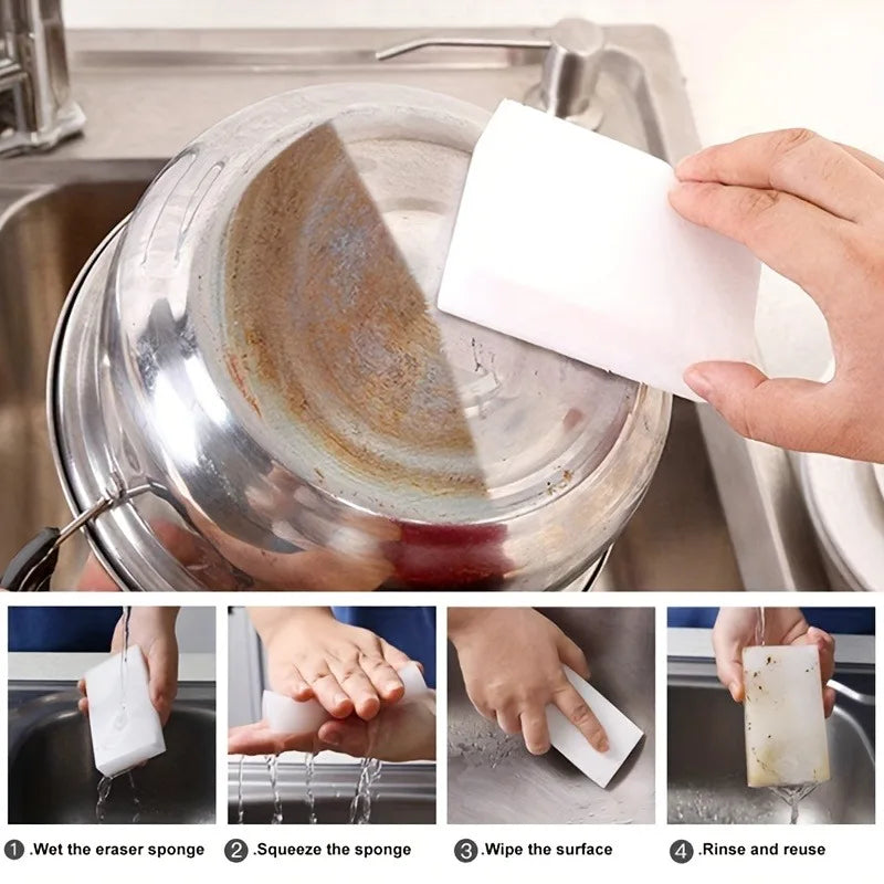 Demonstration of how to use multi-purpose magic cleaning sponges for effective kitchen cleaning.