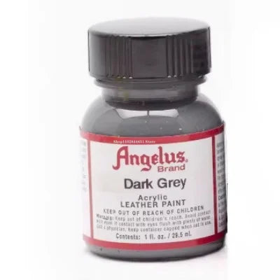 Dark Grey acrylic leather paint in a glass bottle with a black cap