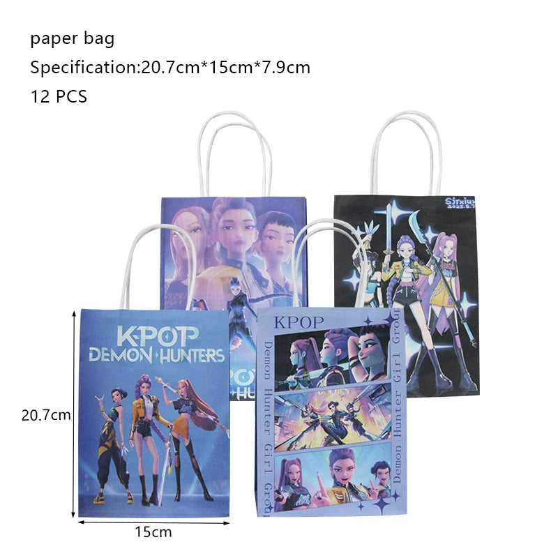 A set of 12 paper bags featuring KPOP Demon Hunters and Demon Hunter Girl theme designs.