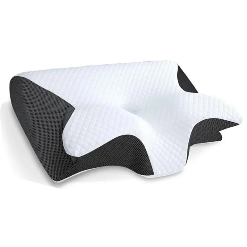 Almohada cervical de espuma viscoelástica blanco y negro para dormir y masaje.