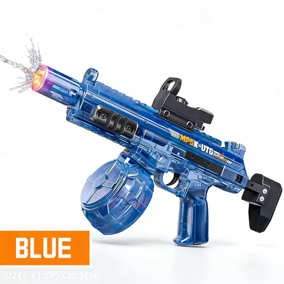 Blue electric water gun with recoil and sensor lights, shown in a product shot.