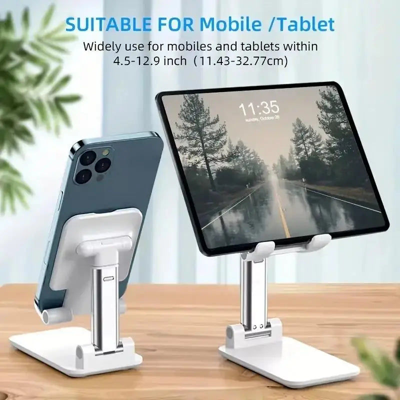 Weißer verstellbarer Ständer für Smartphone und Tablet, zeigt Eignung für mobile Geräte.