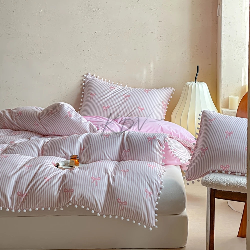Cute Pink Bow Print Duvet Cover Set with Pillowcases