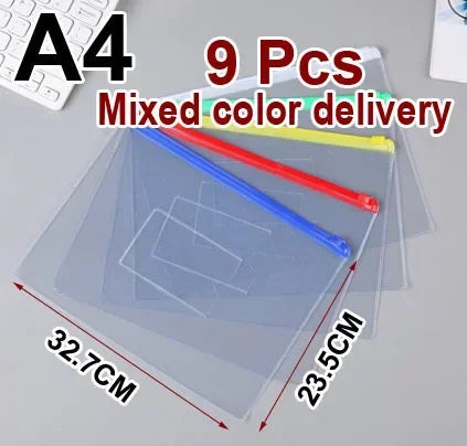 A set of 9 transparent A4 document organizer pockets with dividers in mixed color delivery.