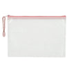 A set of ten white mesh zipper bags with pink trim for classroom and craft organization
