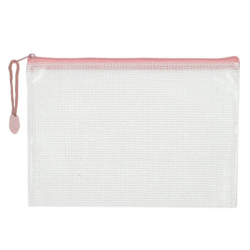 A set of ten white mesh zipper bags with pink trim for classroom and craft organization