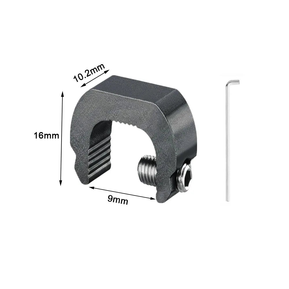 A black adjustable aluminum sliding window lock stopper with dimensions 10.2mm, 16mm, and 9mm.