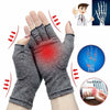 Gray compression arthritis gloves with wrist support shown alongside a doctor and an anatomical view of the carpal tunnel.