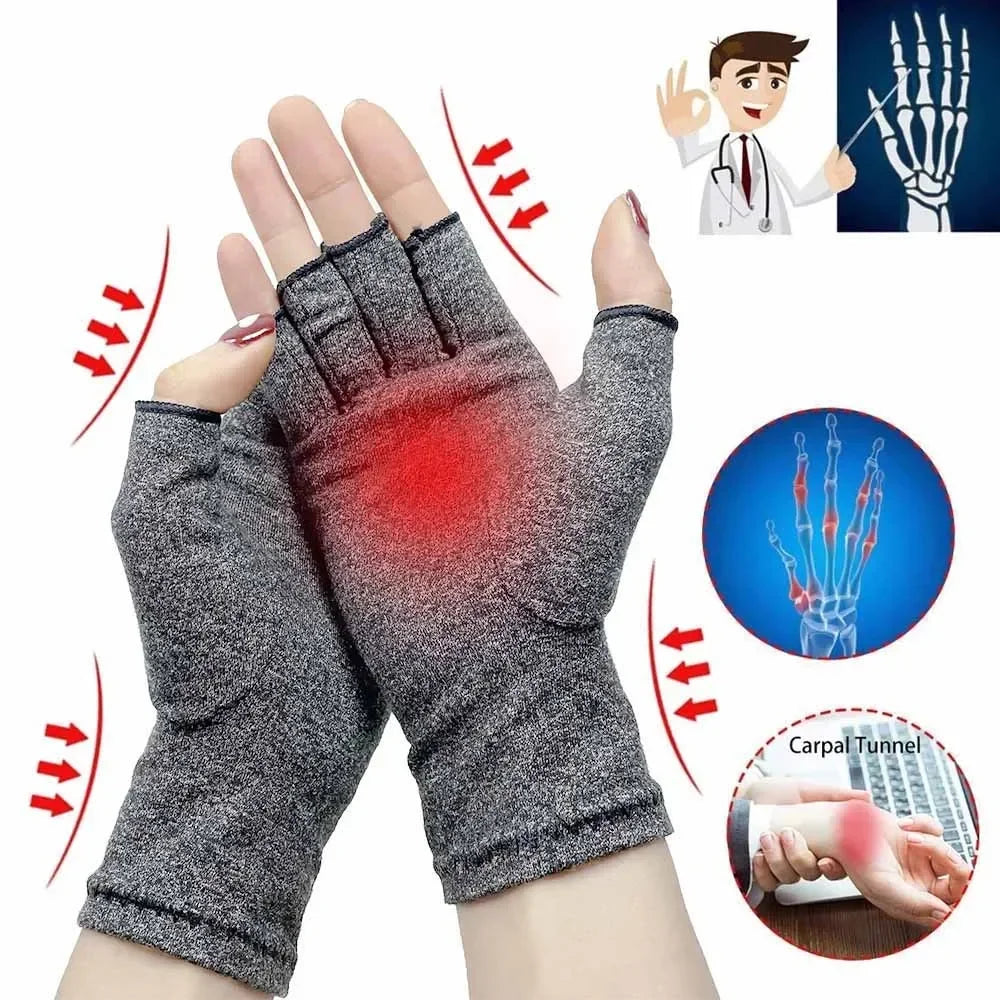 Gray compression arthritis gloves with wrist support shown alongside a doctor and an anatomical view of the carpal tunnel.