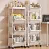 A white rolling storage cart with multiple tiers is filled with various stationery and small items.