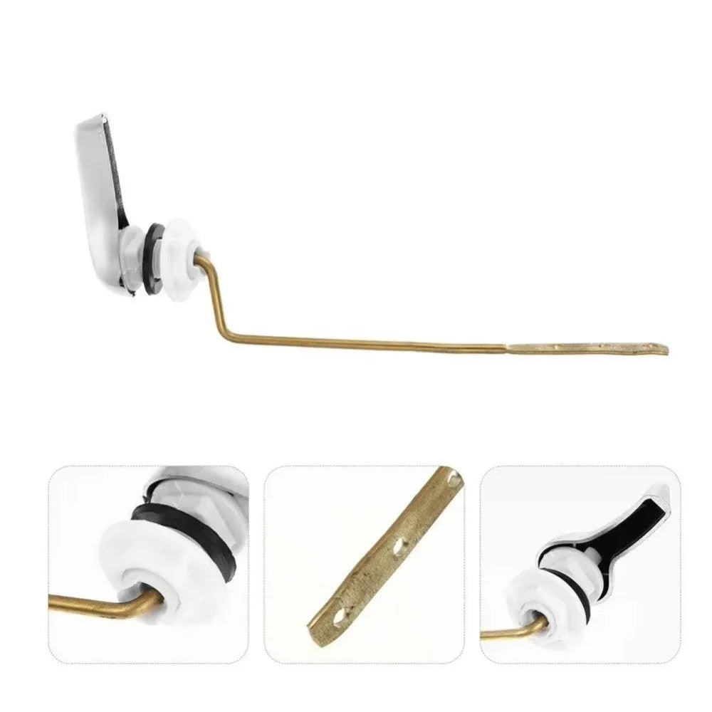 Brass toilet tank flush lever with side mount design shown in various angles
