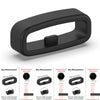 A black silicone watch strap retainer shown in various sizes and with different methods of use.