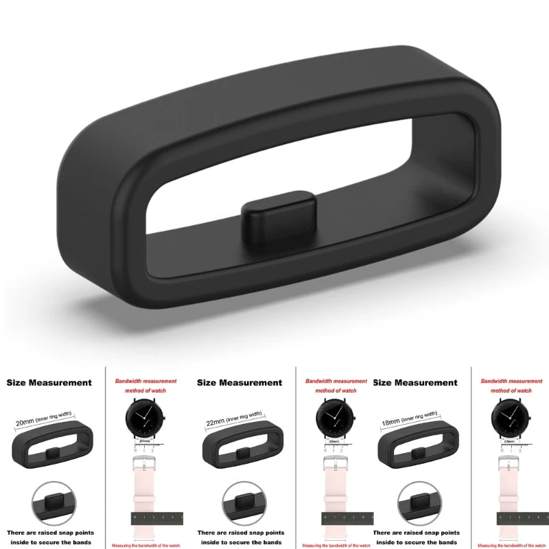 A black silicone watch strap retainer shown in various sizes and with different methods of use.