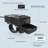 A black motorcycle USB charger with a red LED voltmeter, power switch, faucet holder, and waterproof cover.