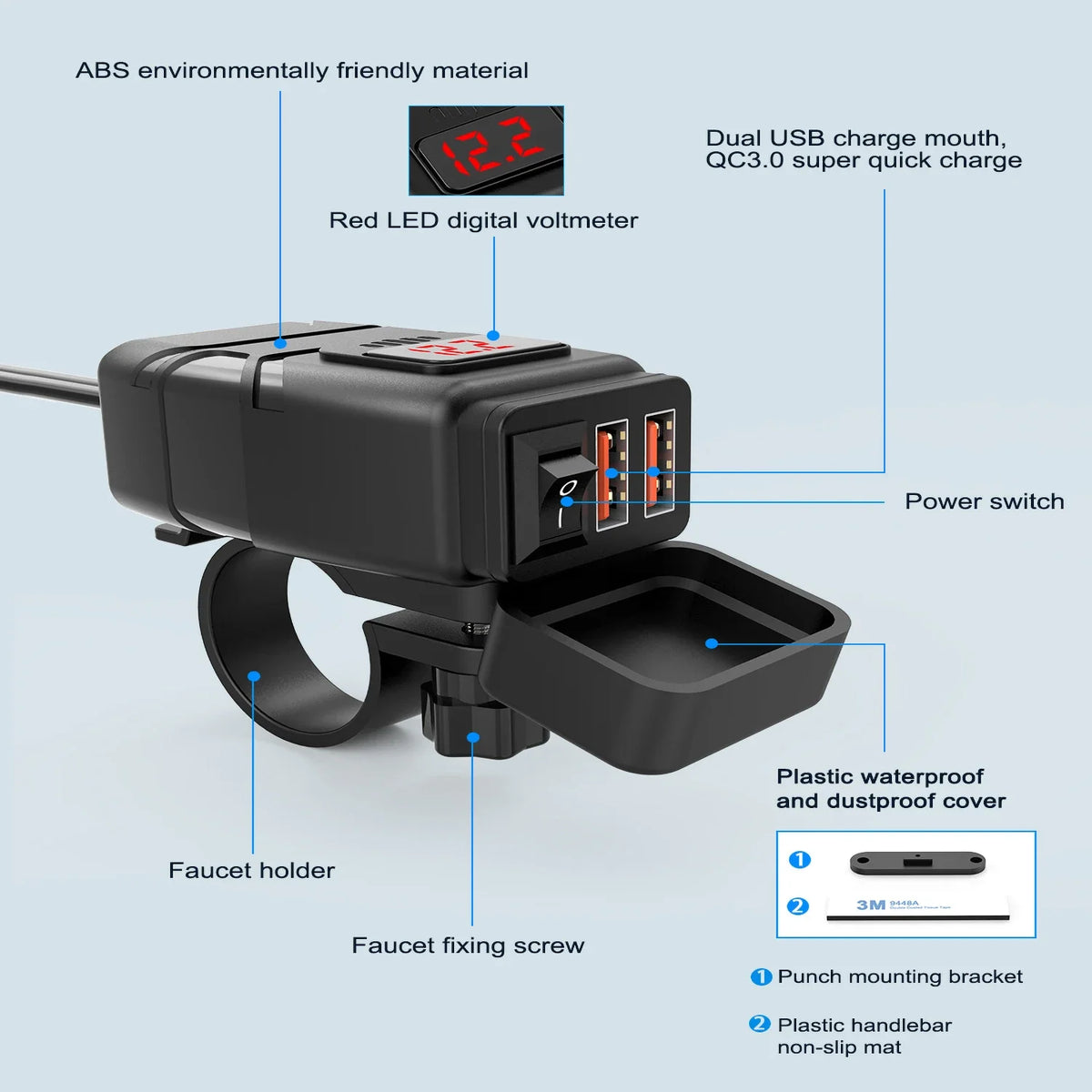 A black motorcycle USB charger with a red LED voltmeter, power switch, faucet holder, and waterproof cover.