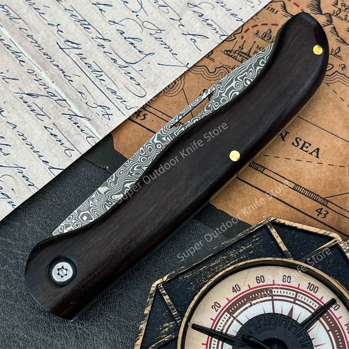 Damascus Steel Folding Pocket Knife with Ebony Handle
