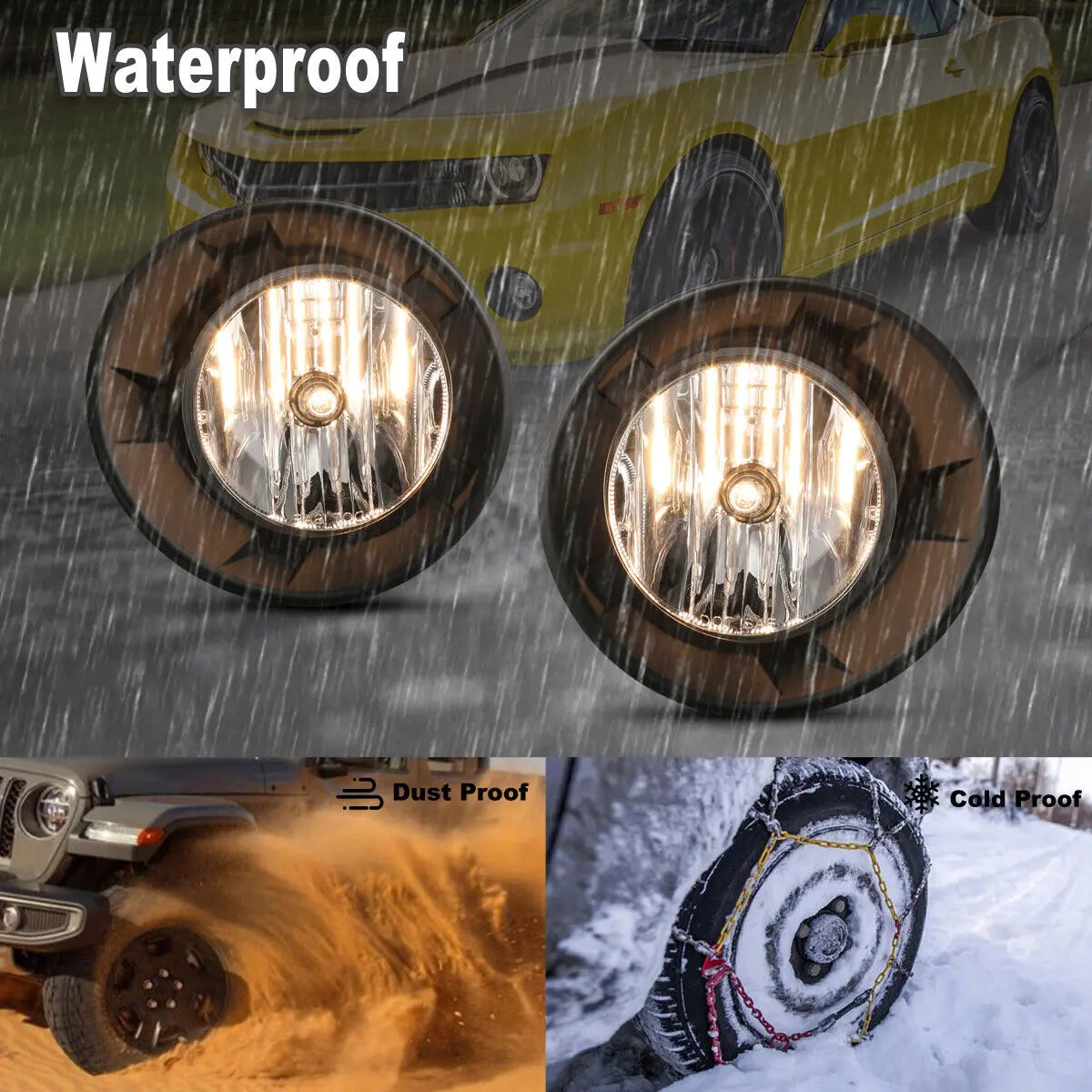 A pair of waterproof fog light assemblies for a 2010-2013 Chevy Camaro, shown in various weather conditions.