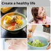 A collage showing a bowl of soup, a child drinking juice, and a person using a faucet water filter to clean vegetables.