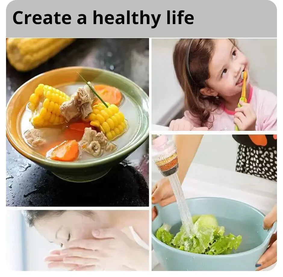 A collage showing a bowl of soup, a child drinking juice, and a person using a faucet water filter to clean vegetables.