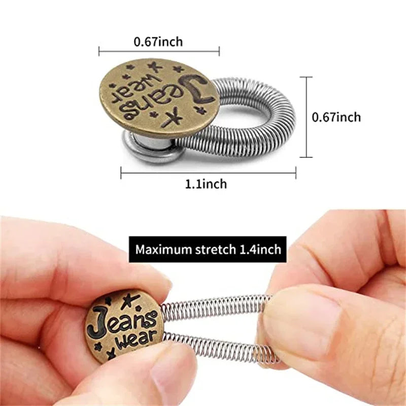A close-up of an adjustable metal waistband extender button designed for jeans and trousers, showing its size and texture.