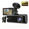 A black dash cam camera with a lens and mounting bracket is shown next to a smartphone displaying a driving view.