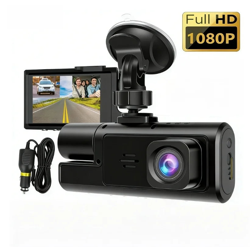 A black dash cam camera with a lens and mounting bracket is shown next to a smartphone displaying a driving view.