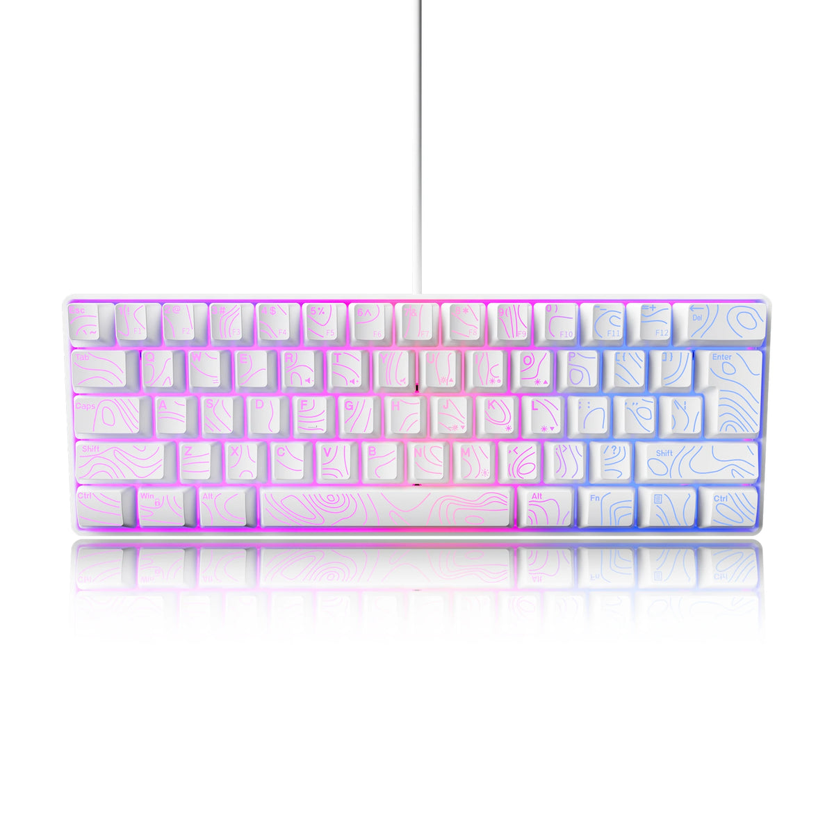 Nahaufnahme einer weißen mechanischen Tastatur mit lila und blauem RGB-Hintergrundbeleuchtung