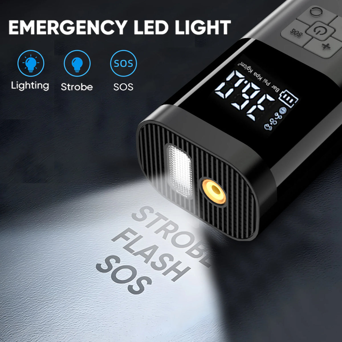 Dispositif lumineux LED d'urgence affichant les options de stroboscope et de fonction SOS