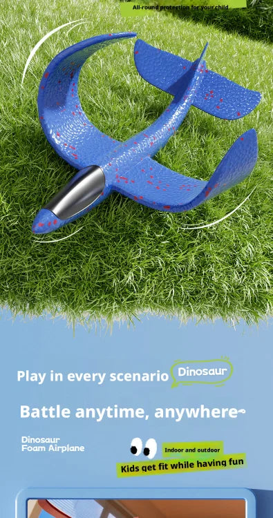 A blue foam airplane toy is shown landing on green grass, demonstrating all-round protection for a child.
