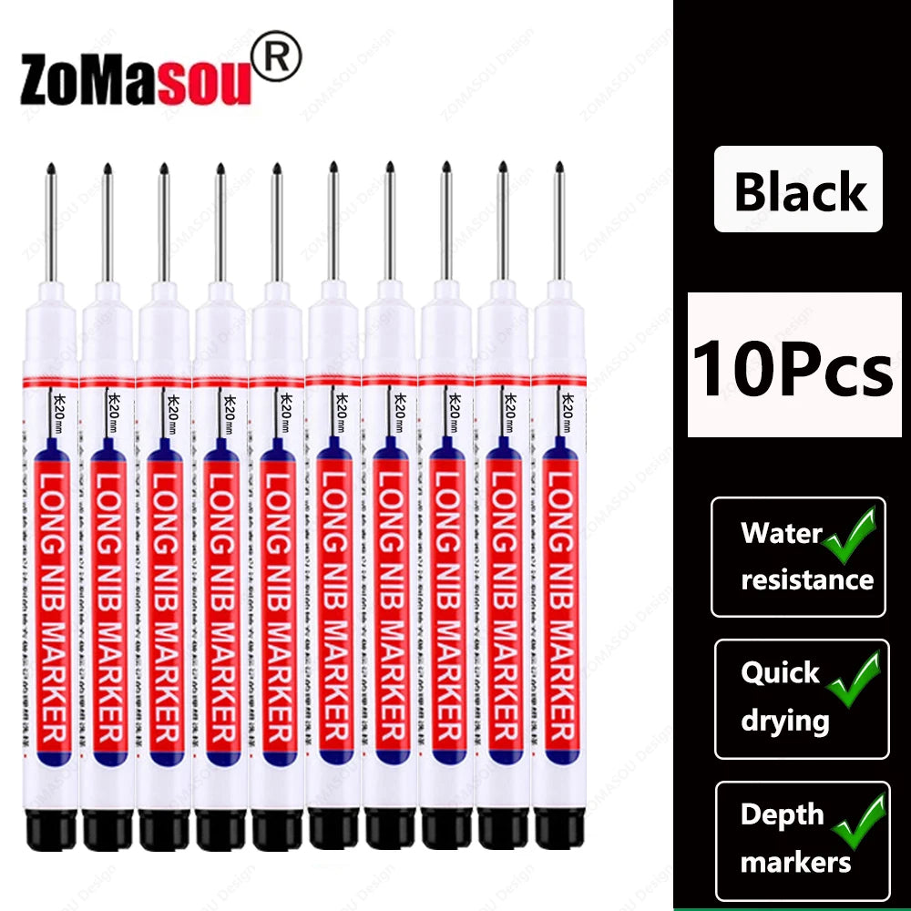 Black long-head waterproof deep hole markers set of 10 pieces