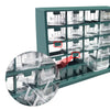 A teal wall-mounted organizer with multiple clear plastic drawers for storing parts.