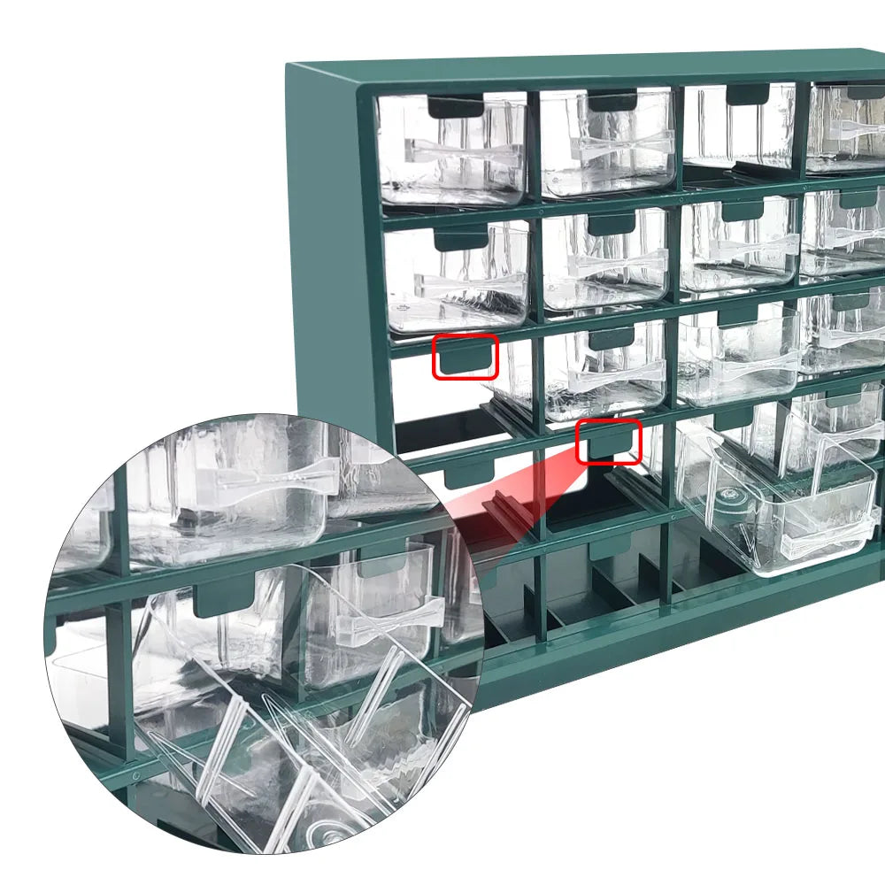 A teal wall-mounted organizer with multiple clear plastic drawers for storing parts.