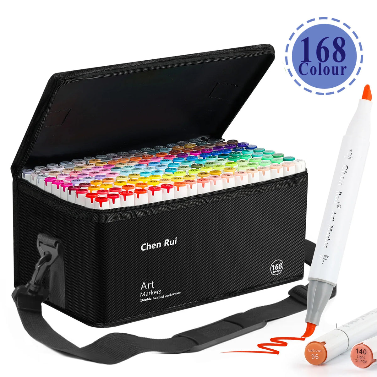 A black box of Chen Rui Art Markers with 168 colors and a white dual-tip marker pen.
