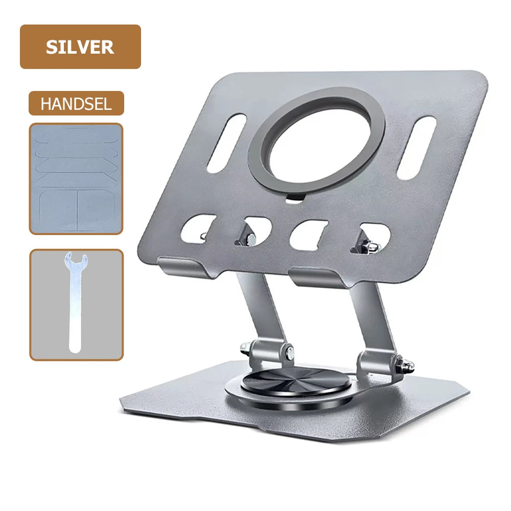 Silver handheld tablet stand with adjustable arms for phones and tablets