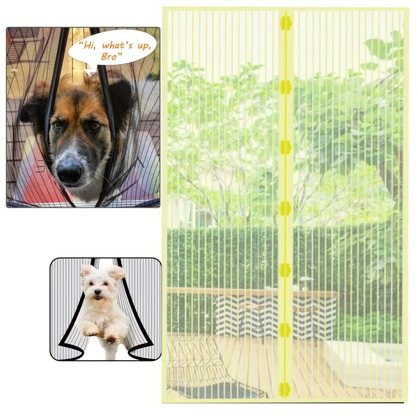 A heavy duty magnetic screen door with vertical slats, showing a dog and a small white dog outside.