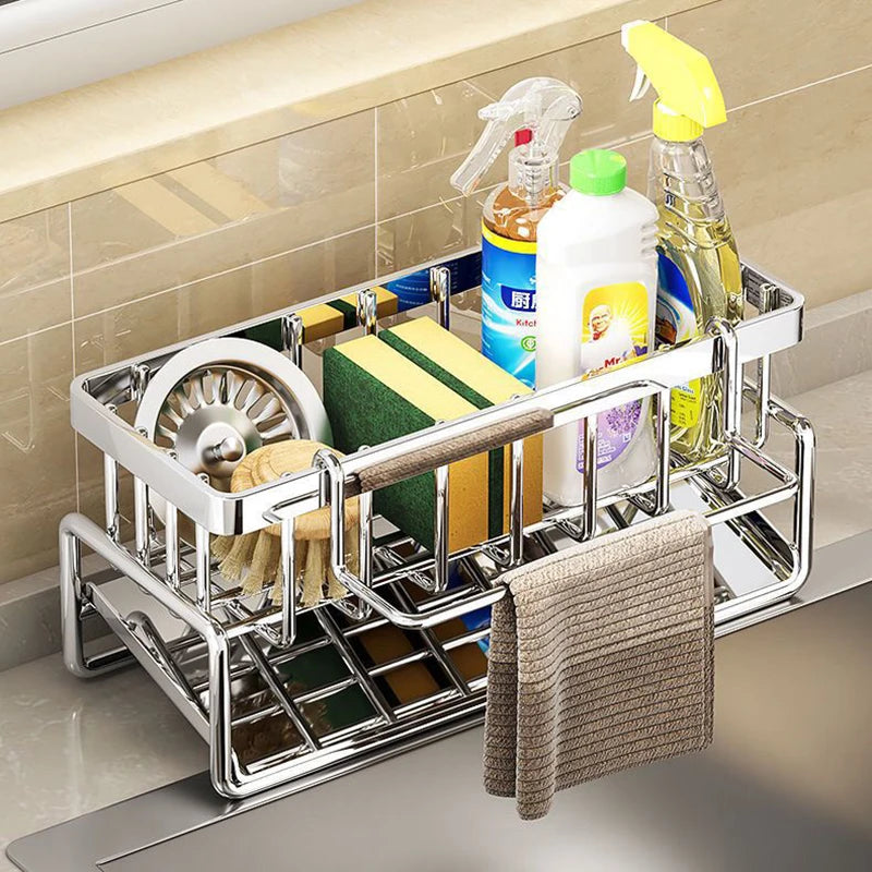 Stainless steel sink organizer rack holding cleaning bottles and brushes