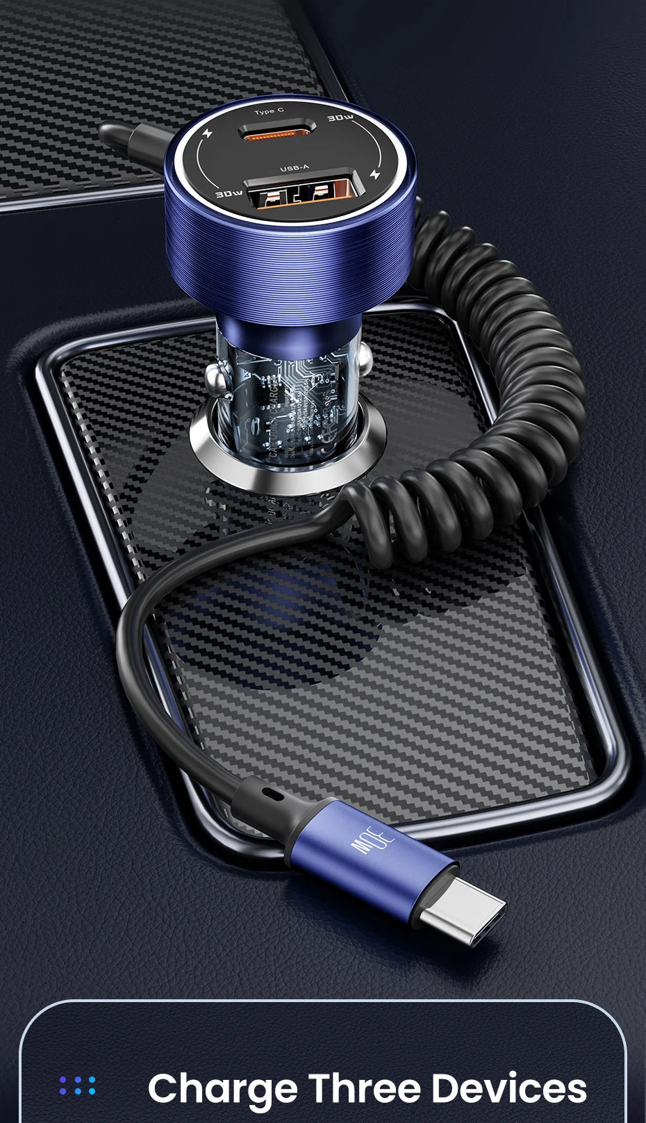 60W USB-C Car Charger with Built-In Spring Cable