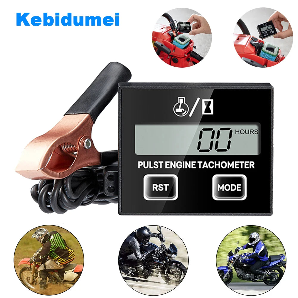 A digital pulse engine tachometer and hour meter device with an inductive sensor and a mounting bracket.