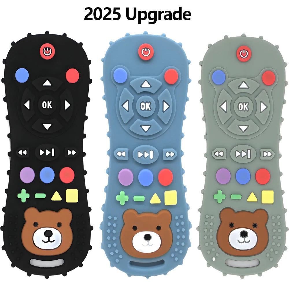 Three silicone baby teethers in black blue and green colors shown side by side